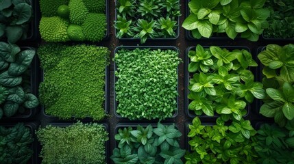 High-angle view of a hydroponic farm featuring rows of lush, bright green plants
