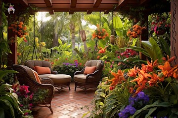 Fototapeta premium Lush Tropical Backyard Patio with Fragrant Flowers and Wind Chimes: Inspirational Oasis