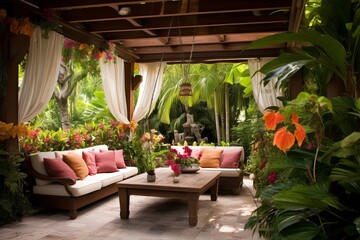 Fototapeta na wymiar Lush Tropical Backyard Patio Oasis: Shaded Areas, Flowing Curtains Inspirations