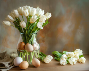 Obraz na płótnie Canvas Happy Easter. Tulips and Easter Eggs Vase Display