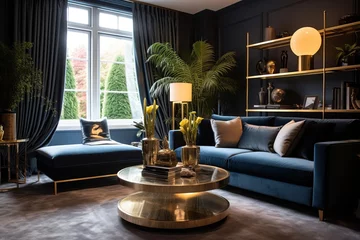 Fototapeten Golden Glow: Luxe Velvet and Gold Living Room Design with Plush Carpet and Elegant Light Fixtures © Michael