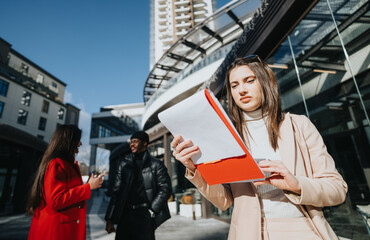Naklejka premium A young woman in a beige coat reviews documents in a folder, with her colleagues blurred in the background.