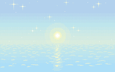Fototapeta premium 〈Pixel Art〉星が輝く朝日と海の、美しいノスタルジックなドット絵背景