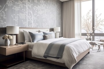 Fototapeta na wymiar Luxurious Penthouse Bedroom Decor: Elegant Wallpaper & Subtle Patterns Dialogue