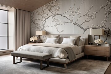 Fototapeta na wymiar Luxurious Penthouse Bedroom Decor: Elegant Wallpaper and Subtle Patterns Emanates Elegance
