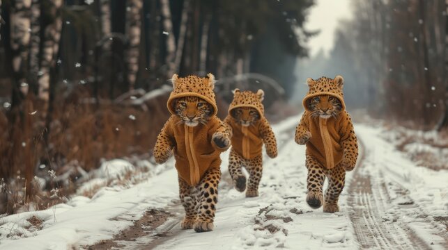 Three leopards wearing hoodies walking down a snowy road, AI © starush