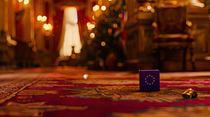 Closeup view of a purple dice with euro symbol on a patterned carpet warm festive lights and Christmas tree in background - obrazy, fototapety, plakaty