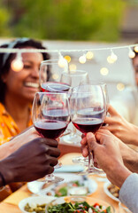 Group of young people toasting red wine at summer rooftop night party. Multiracial friends celebrating together at home terrace. Vertical photo.