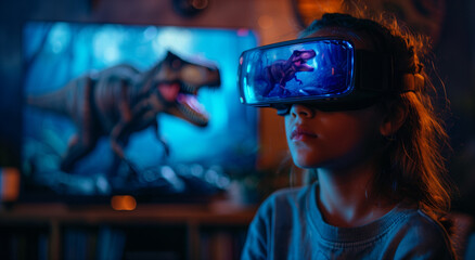 girl in salon watching movie with dinosaur at the vr glasses, amazing view and new technology