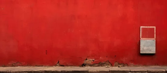  A wooden wall painted red with a white rectangle box, showcasing art with tints and shades of magenta, against a landscape of grass and horizon © 2rogan