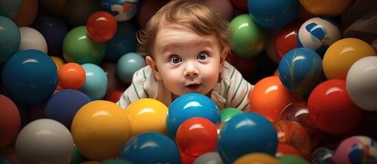 A baby is joyfully playing in a ball pit filled with colorful balls. The baby is surrounded by the balls, reaching out and interacting with them in excitement. - obrazy, fototapety, plakaty