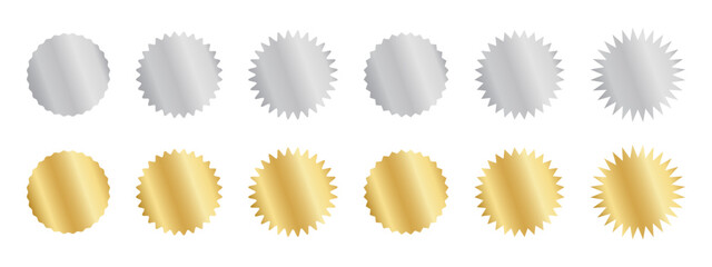 Set of silver and gold round stickers with wiggle and zigzag borders. Shining metallic labels, badges, price tags, coupons, stamps undulate shapes isolated on white background. Vector illustration.