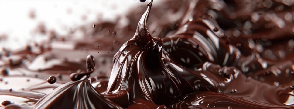 A close up of melted chocolate on a wooden table, captured through macro photography. The rich brown color contrasted with the wood creates an artistic and captivating image