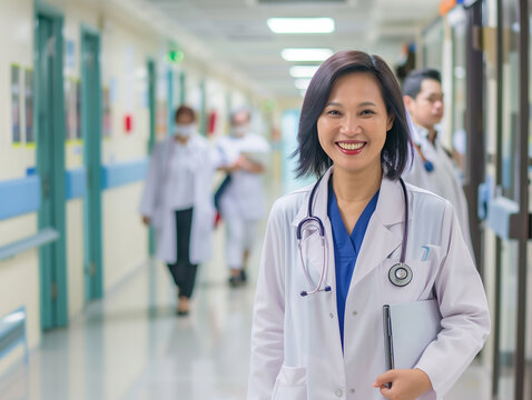 Female asian doctor enjoying work - a photo of her on corridoor