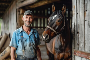 Horse keeper, man and equine animal working in a stable on a farm with copy space - obrazy, fototapety, plakaty