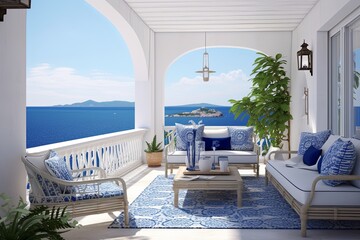Blissful Mediterranean Balcony: Blue and White Coastal Decor Inspiration