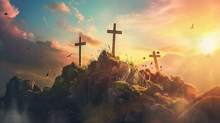 Sunset at a serene hilltop with three crosses surrounded by flying birds glowing clouds and a dramatic colorful sky - obrazy, fototapety, plakaty