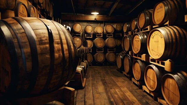 Whiskey, bourbon, scotch barrels in an aging facility