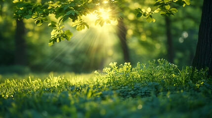 Early morning sun rays pierce a verdant forest canopy, illuminating the undergrowth with a warm,...