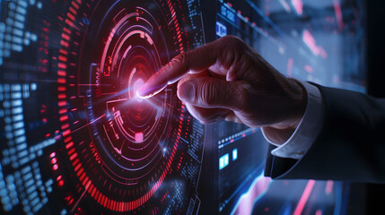 Fototapeta premium A close-up of a businessman's hand touching a security button on a virtual screen, with details of the man's fingertip, the biometric scanner, and the futuristic interface.