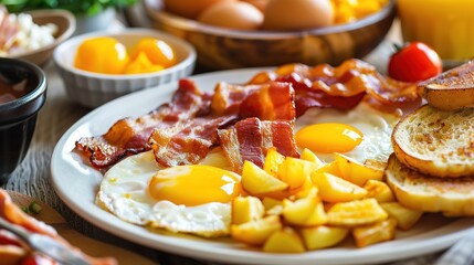 Breakfast of eggs, bacon, toast and potato. Also available with bacon