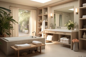 Neutral Mid-Century Modern Bathroom Oasis: Calmly Captivating Space