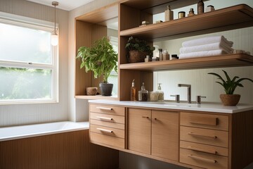 Fototapeta premium Open Shelving and Functional Storage: Mid-Century Modern Bathroom Oasis