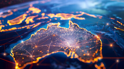 A bird's eye view of Australia, with a network of glowing lines connecting major cities, with details of the lines' intricate patterns, the cities' bright lights, and the vastness of the continent.