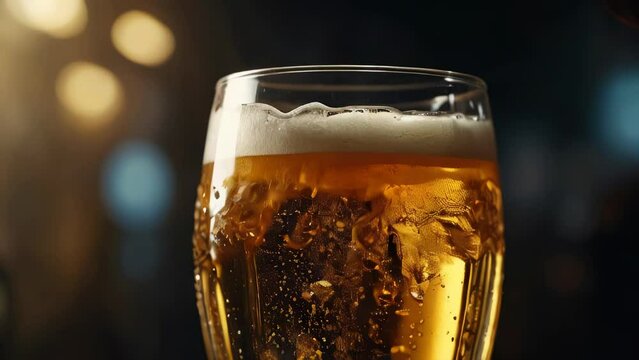 Close-up of a freshly poured glass of light beer with foam on a bar counter or wooden table against a background of a blurred country pub with dim lighting