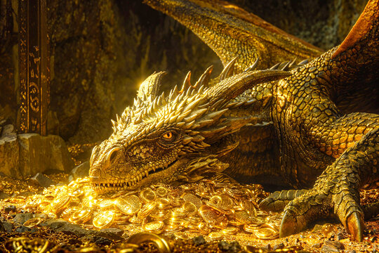 Dragon sitting on a pile of gold treasure, mythology, Beowulf, Fafnir
