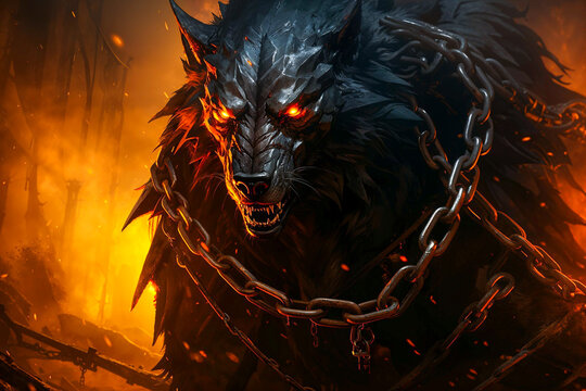 Fenrir the wolf bound in chains, Gleipnir, Norse mythology
