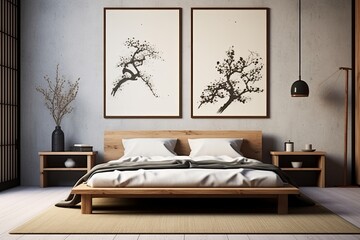 Personalized Minimalist Japanese Bedroom Decor with Calligraphy Artwork - obrazy, fototapety, plakaty