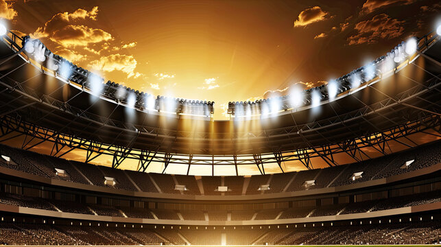 An empty sports stadium with illuminated floodlights under a dramatic sunset sky