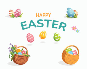 Set of cute colorful easter elements on white background. Eggs basket flowers gift