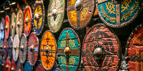 Viking shields hanging on a wall, display