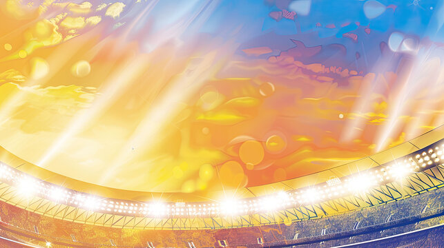An artistic representation of a vibrant stadium with dazzling lights and a warm golden sunset sky in the background