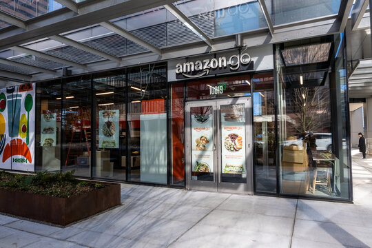 BELLEVUE, WA – FEB 16, 2024: Amazon Go store on the ground floor of an office building in an urban city center
