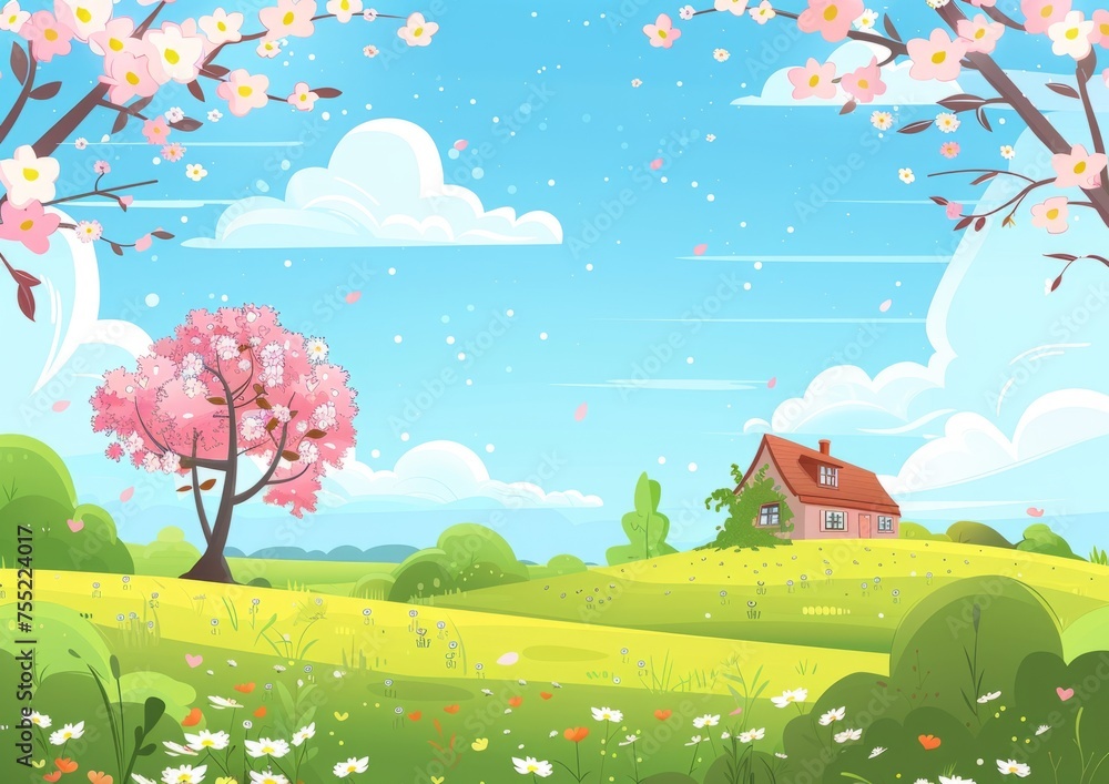 Poster spring background with houses, trees and flowers on the meadow cartoon with empty space for text gen
