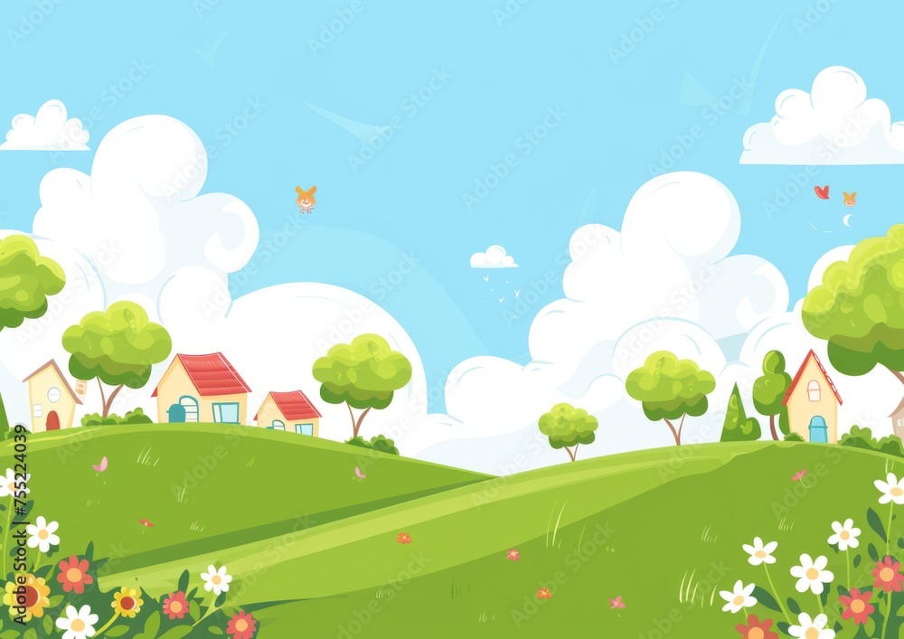Poster cute cartoon style landscape background with simple trees generative ai