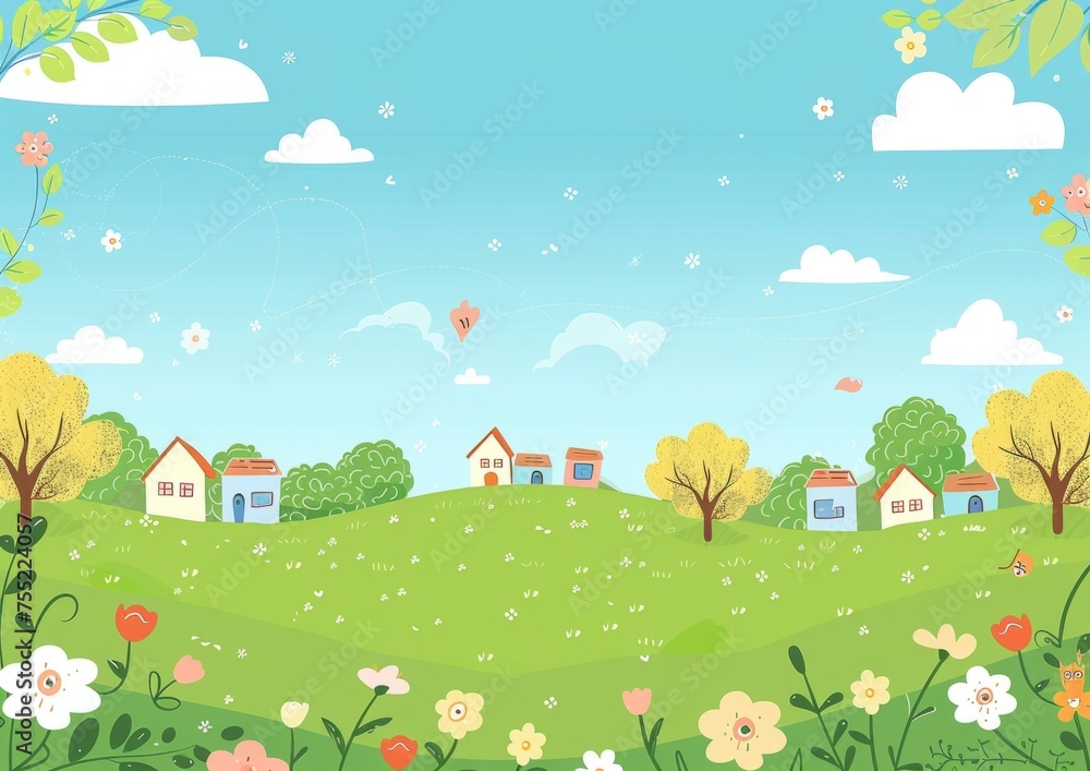 Poster cute cartoon style landscape background with simple trees generative ai