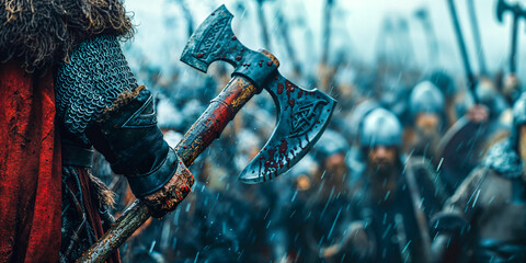Closeup of Viking warrior with bloody battle axe, wide banner, copyspace, background