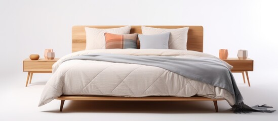 Obraz premium A wooden bed with a headboard and footboard, featuring a mid-century design in a Scandinavian style interior. The bed is covered with bed linen and pillows on a white background.