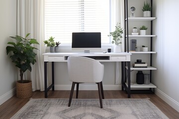 Minimalist Monochrome Home Office Ideas: Black and White Rug for a Cohesive Look