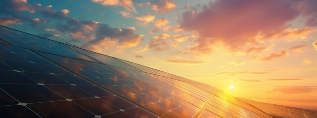 As the sun sets, its rays shine through the solar panels against a backdrop of an orange afterglow in the sky, creating a picturesque natural landscape