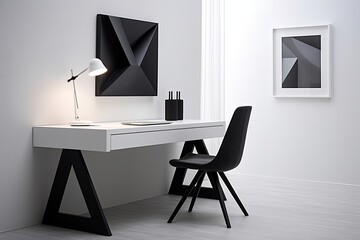 Minimalist Monochrome Home Office: White Desk & Black Chair Concept