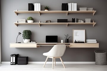 Monochrome Minimalist Home Office: Clean Lines & Wall-Mounted Shelves Concept
