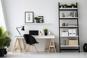 White Shelving and Black Decor: Minimalist Monochrome Home Office Concepts