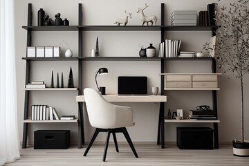 White Shelving & Black Decor: Minimalist Monochrome Home Office Concepts