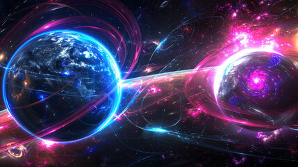 Obraz premium A vibrant digital art piece featuring Earth amidst cosmic swirls neon lights and a potential wormhole or galaxy