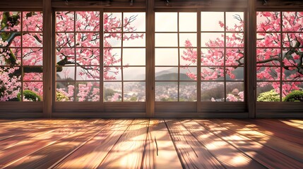 Empty Japanese room with wooden flooring, sakura flowers spring blossom view from the window in...